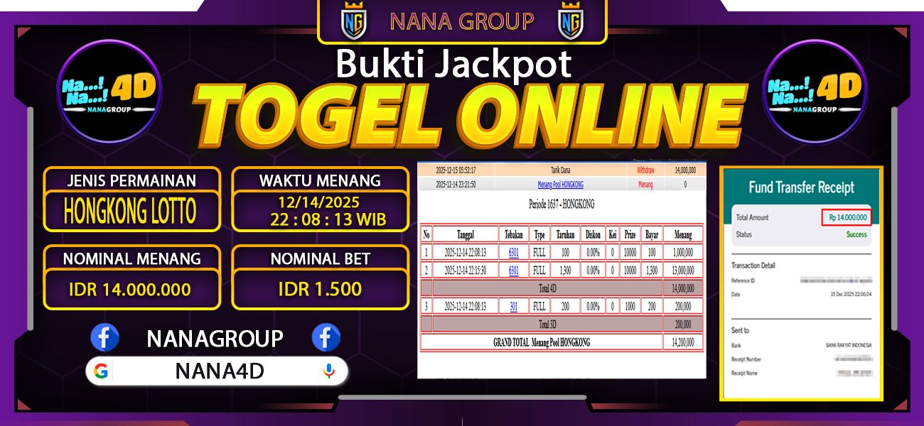 Bukti Kemenangan Besar Dibayar lunas Member NANA4D RP 14.000.000, 14 Desember 2025